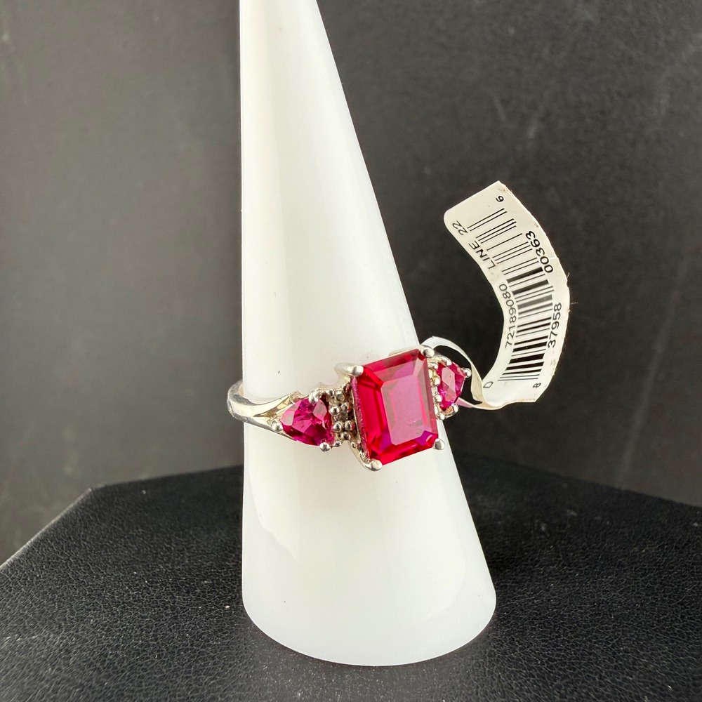 Sterling Silver Created Lab Ruby Three Stone Ring Red Women Size 8